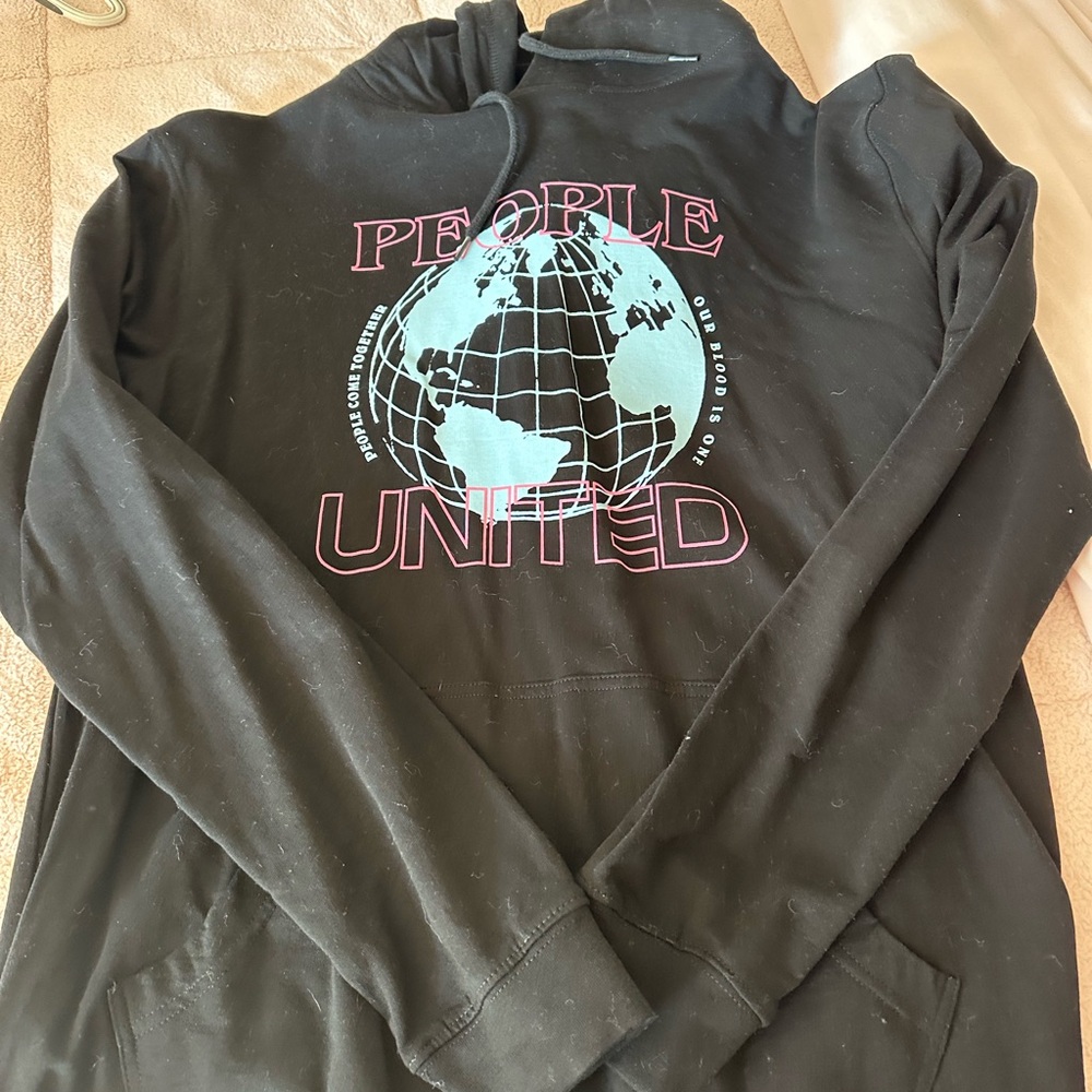 People United Black Graphic Hoodie with Blue Globe Print